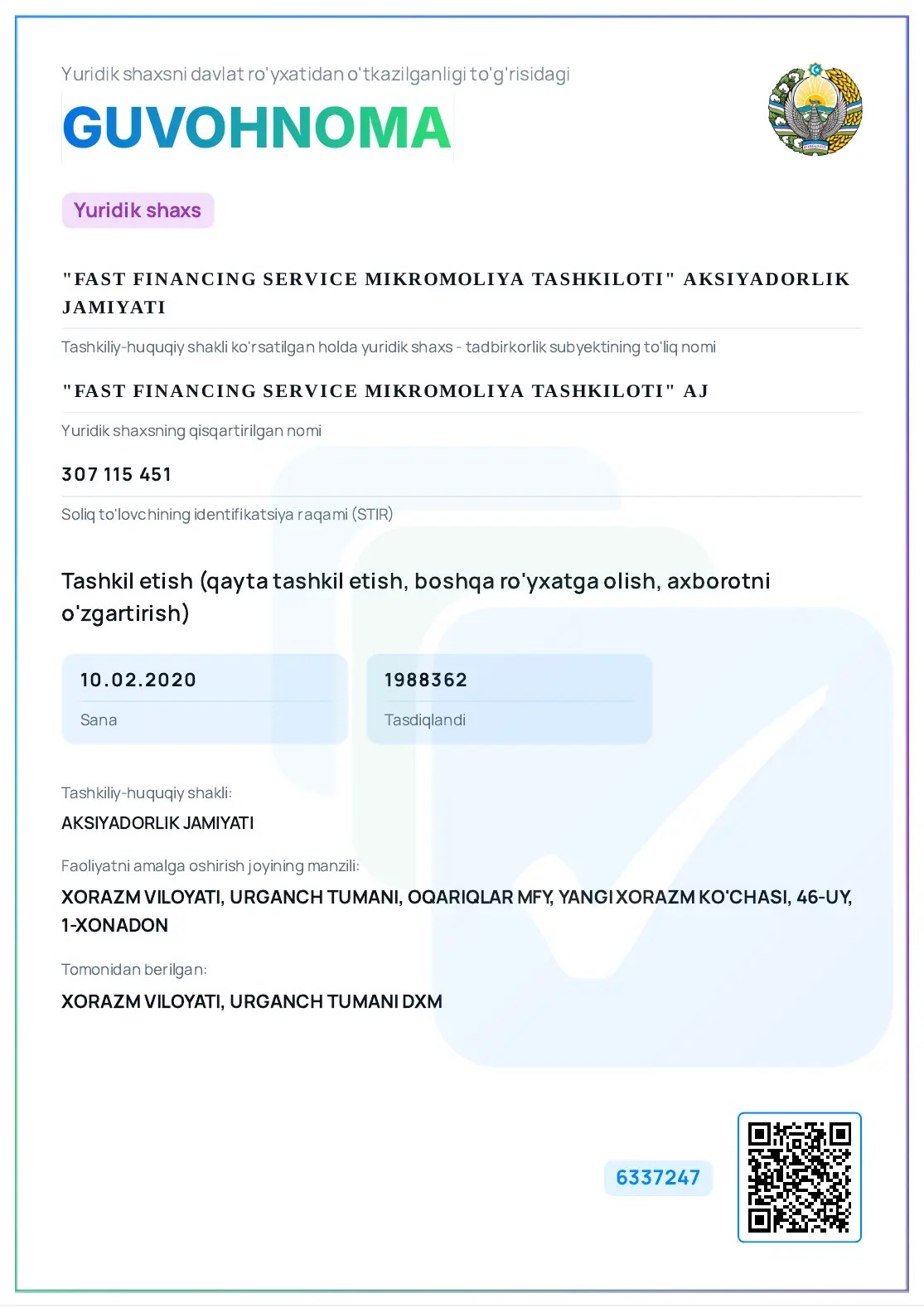 Davlat ro'yxatidan o'tganlik guvohnomasi